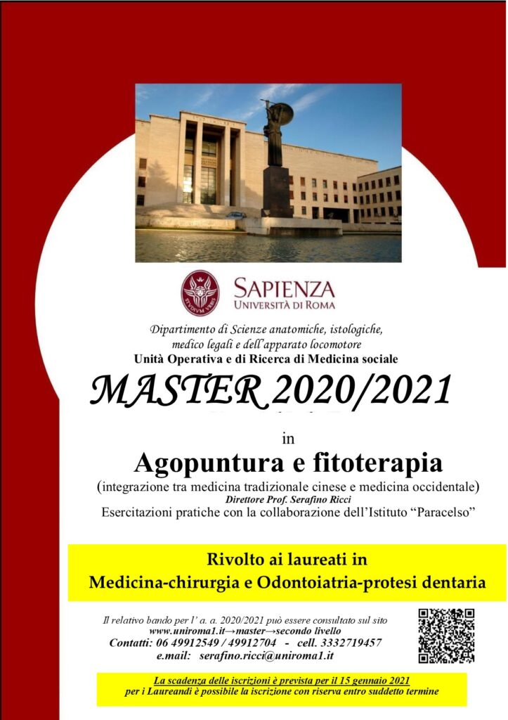 UNIVERSITA’ SAPIENZA ROMA – Master di II livello in “Agopuntura – Fitoterapia 2020/2021